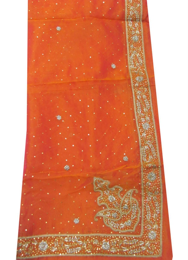 Rare Orange Vintage Wedding Oraganza Dupatta Stole Used Craft Dress Fabric