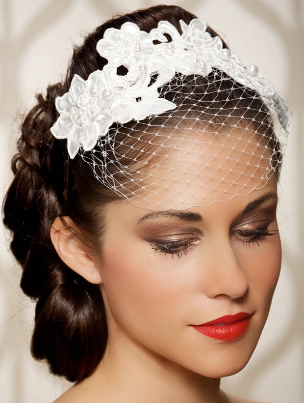 Ivory Bridal Headband Birdcage Veil Classic Bridal Headpiece Lace Ivory