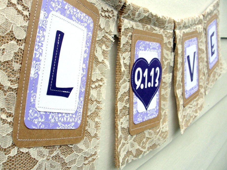 LOVE DATE Lace Burlap Wedding Banner Custom Colors Available