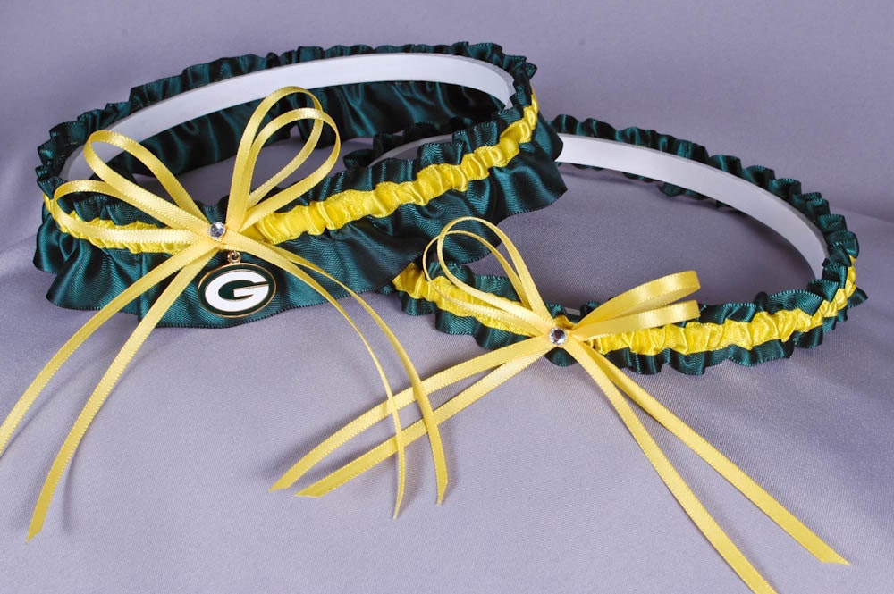 Green Bay Packers Inspired Wedding Garter Set in Green and Yellow Satin with