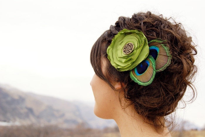 Green Peacock Feather Fabric Flower Hair Clip Vintage Style Wedding Flower