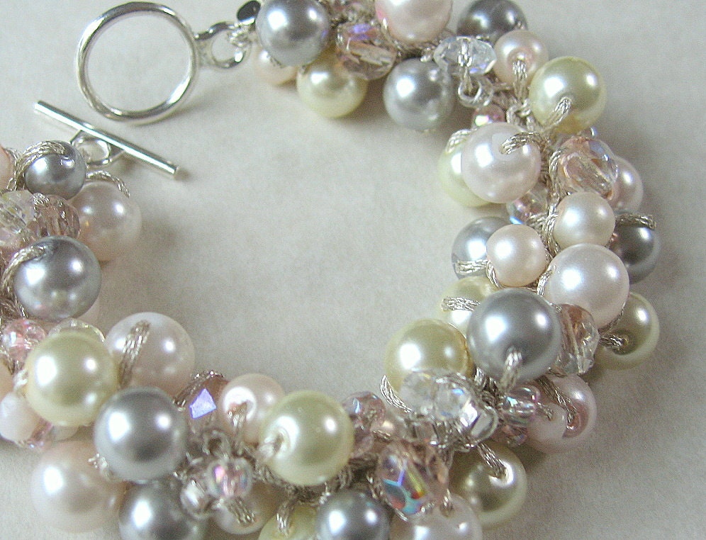 Bridesmaid Blush Rose Pink Gray Ivory Pearl Wedding Bracelet Hand Knit 