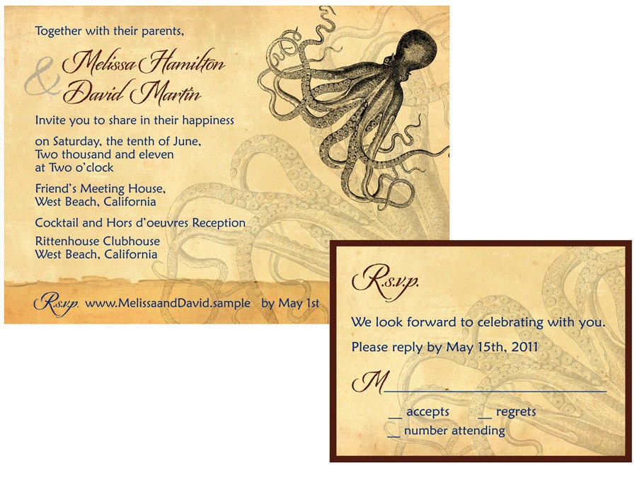 Octopus wedding invitation card sample on ecofriendly 100 recycled 100lb