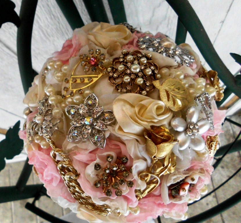 Custom Brooch Wedding Bouquet Chiffon Peony Satin Roses Bridal Vintage 