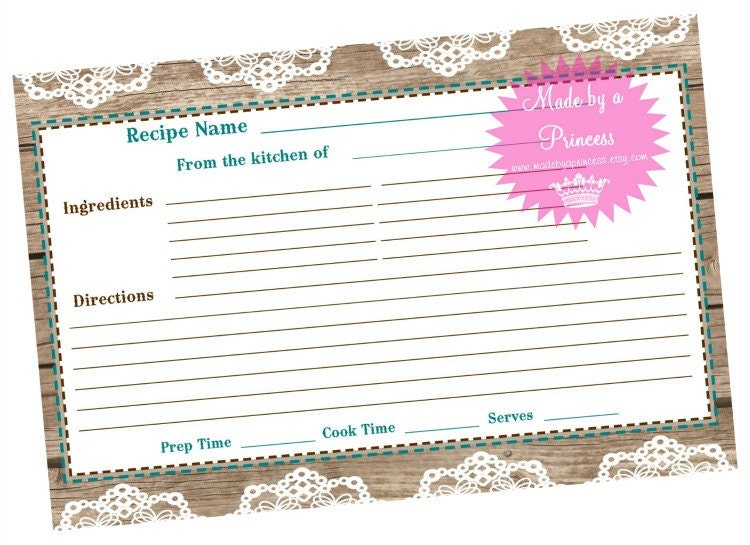Rustic Country Lace Recipe Card Printable CHOOSE ACCENT COLOR