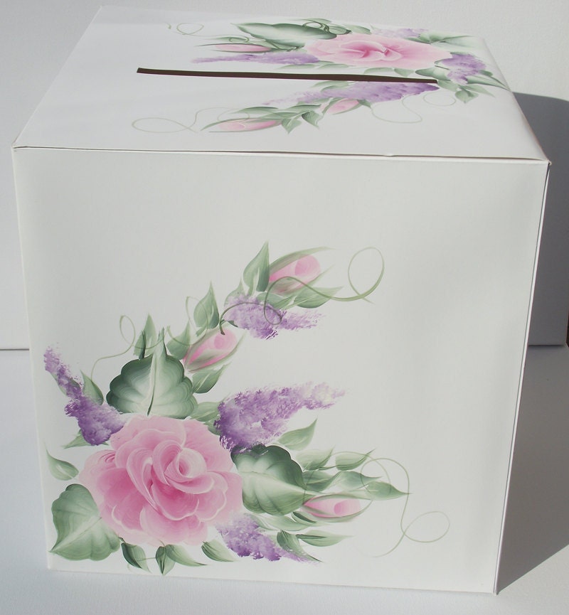 Lovely Wedding Card Money Box Handpainted on all 5 sides White with Rose