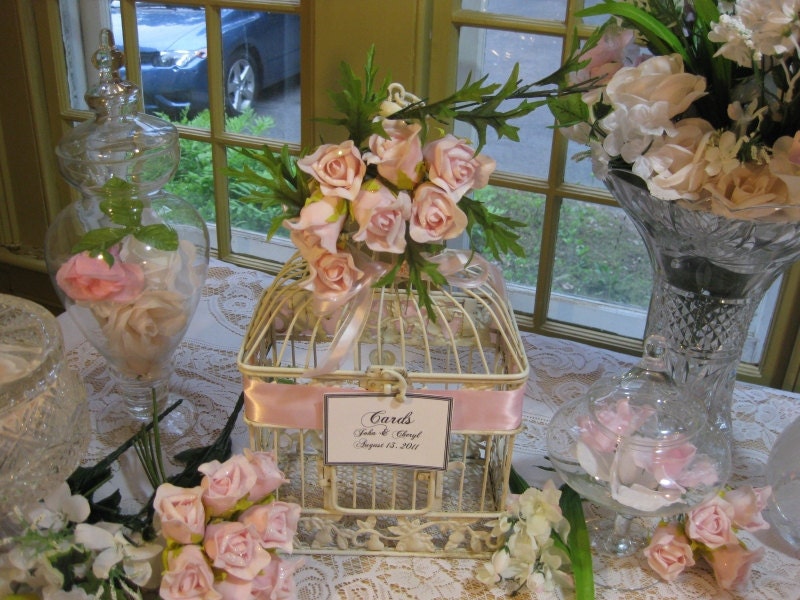 Antique White Bird Cage Card Holder With Pink Roses Wedding Card Holder 