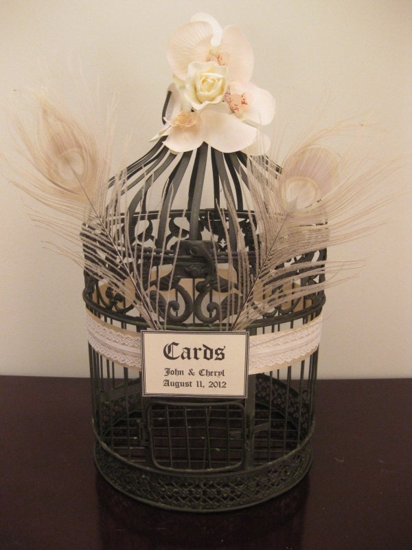 Retro Style Bird Cage Wedding Card Holder with Ivory Peacock Feathers