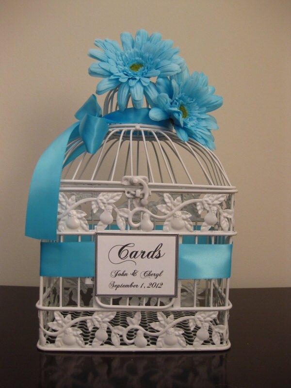 Bird Cage Wedding Card Holder with Tiffany Blue Daisies Wedding Card 