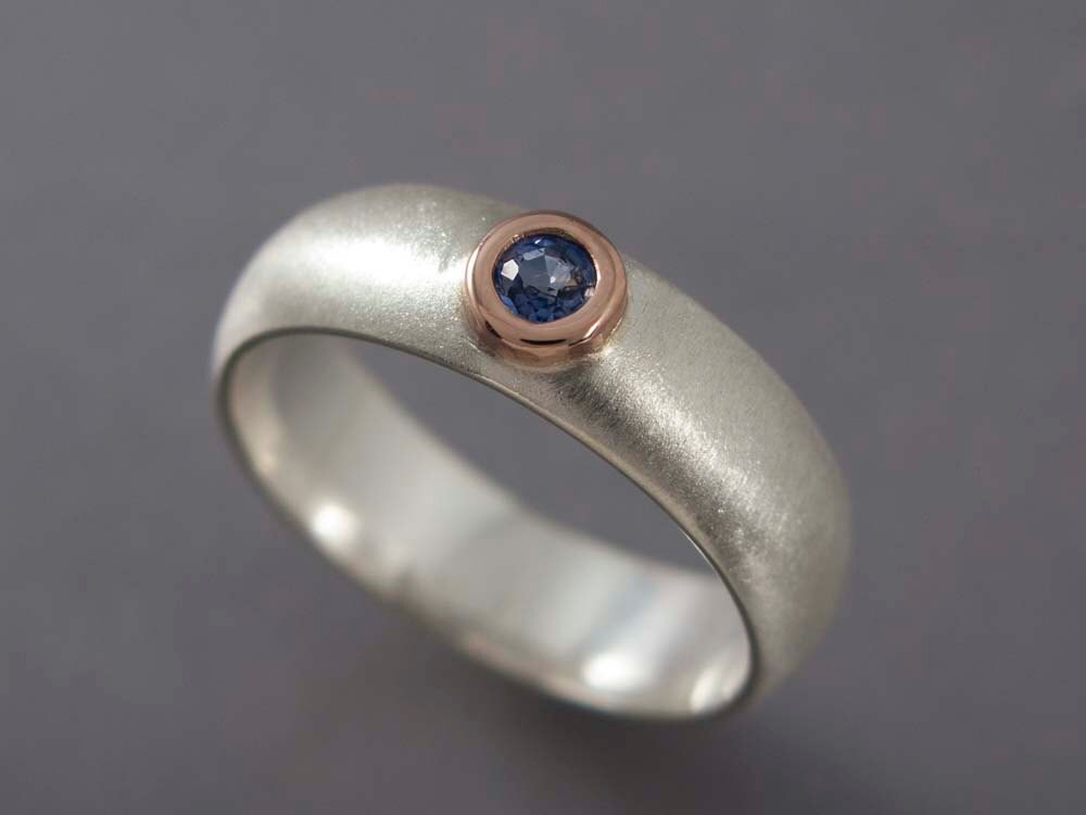Wedding Ring with Blue Sapphire 14k Rose Gold and Sterling Silver