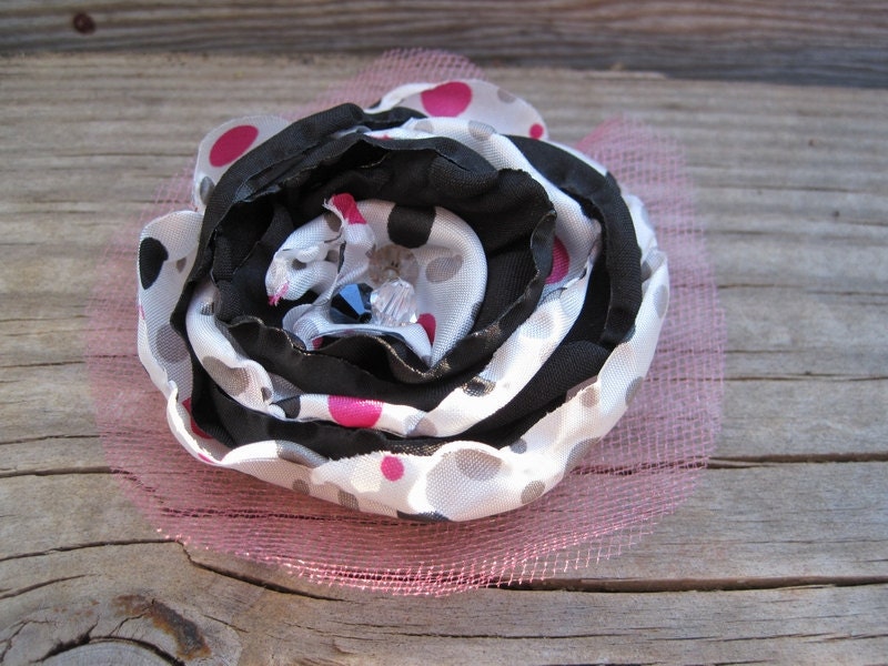 Black White with Pink Grey Black Dot Layered Fabric Flower