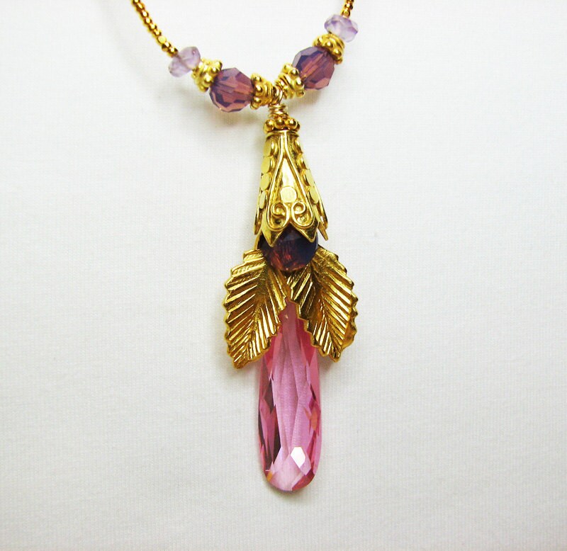 Feminine pink purple and gold vermeil pendant necklace