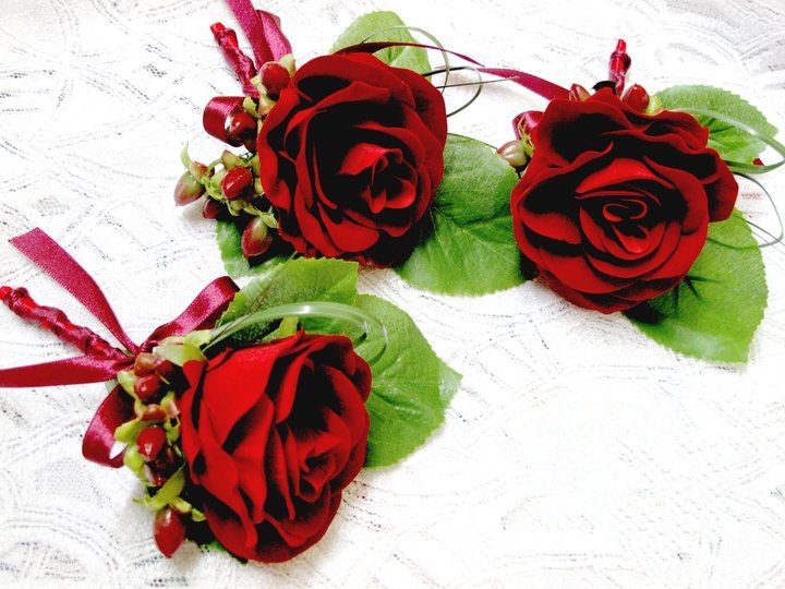 Wedding Boutonni re Set of 3 Real Touch Red Rose Wedding Boutonni re Groom