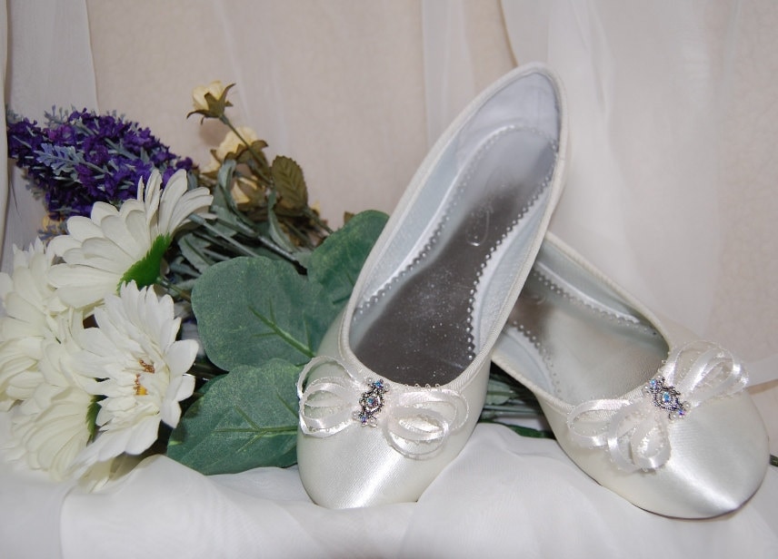 Ivory Swarovski Crystal Embellished Satin Designer Bridal Ballet Flats