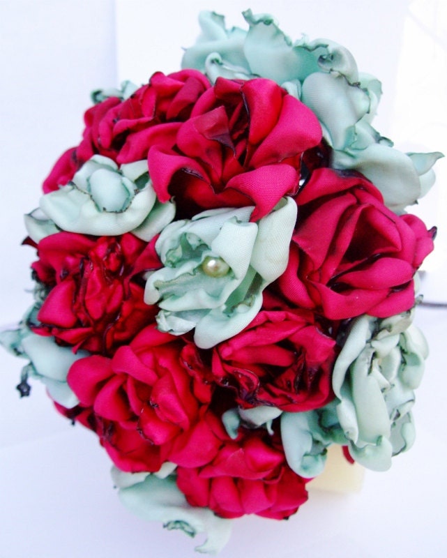 Wedding Bouquet Made to Order Tea stained baby blue and red flowers bouquet
