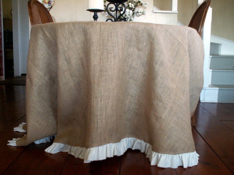 Round Natural Burlap Table Cloth with White Torn Linen Ruffle