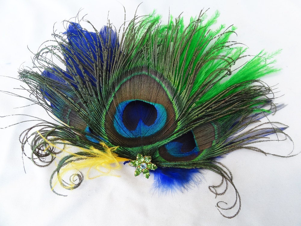 Weddings Peacock Feather Fascinator Hair Accessory Blue Green Yellow 