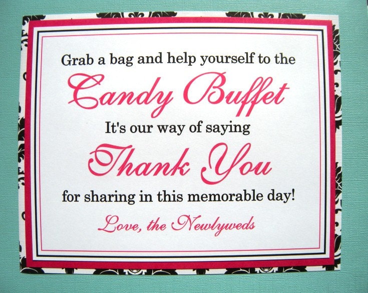 8x10 Flat Wedding Candy Buffet Sign in Black and White Damask and Hot Pink 