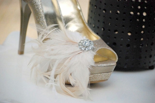 Shoe Clips Champagne Ivory Black Plum Feathers Rhinestone Bride Bridal