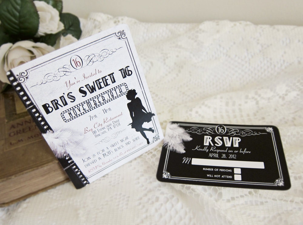 Vintage Flapper Teen Birthday Invitations 1920s Old Hollywood Black and 