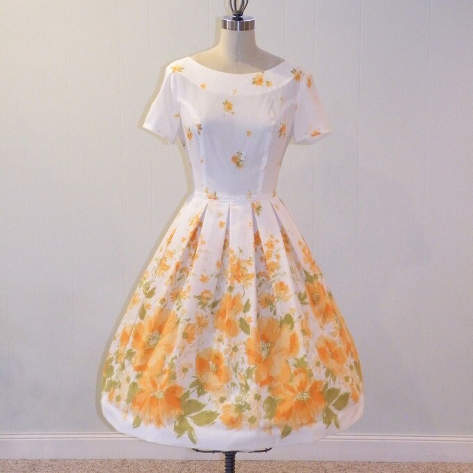 Vintage 1950s Dress Orange Floral Poppies Garden Wedding Party Dress 