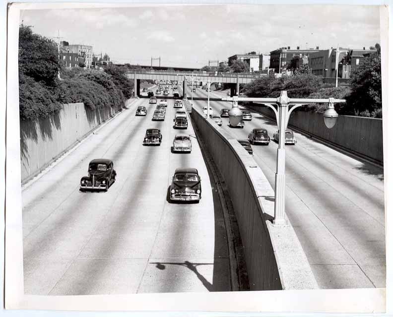 50s CARS going down the FREEWAY HIGHWAY under a bridge very nice Fiber 