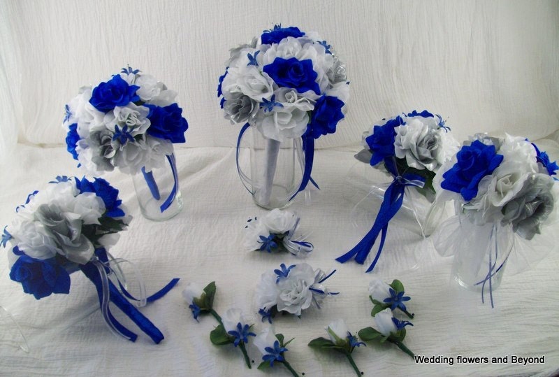 RoYaL BLue SiLVeR aND WHiTe RoSes 13 pieces made to order Brides on a 