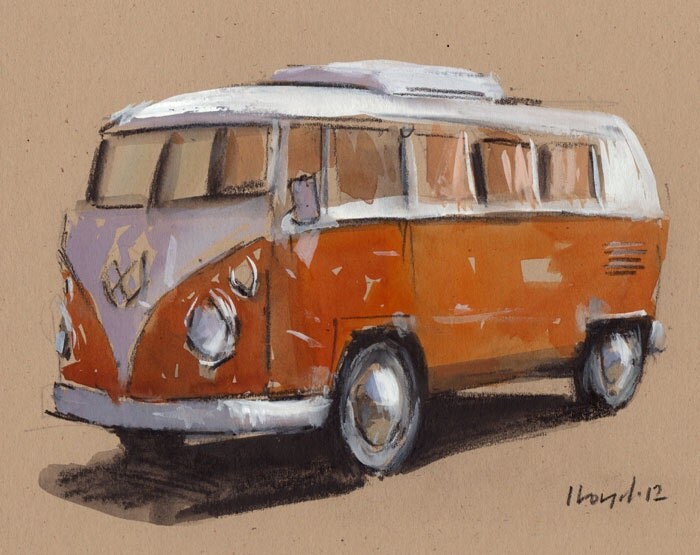 Original Painting VW Bus Hippie Retro Vintage Auto Kombi Watercolor Sketch