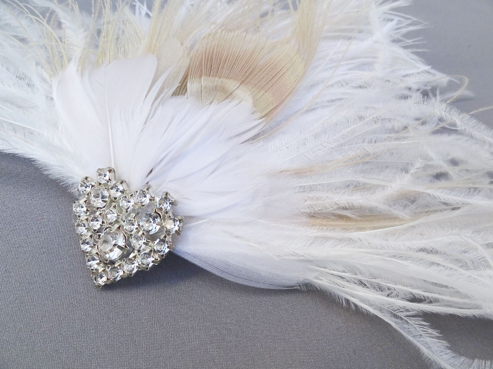 Weddings Ivory Peacock Feather Fascinator Crystal Heart Bridal