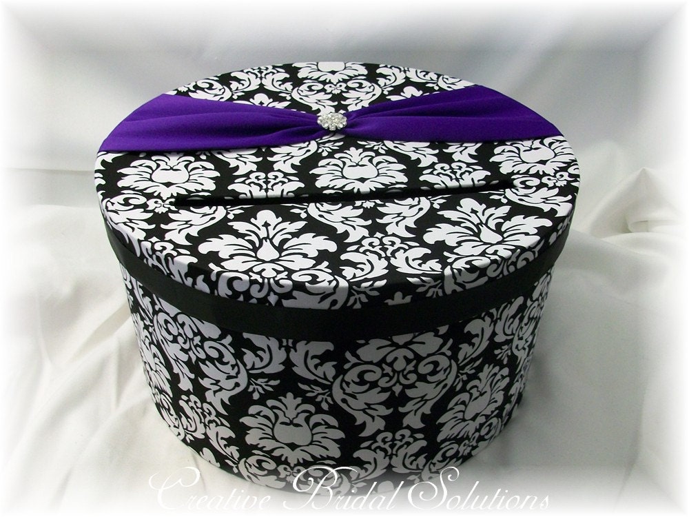 Black and White Dandy Damask with Purple Wedding Card Box Holder