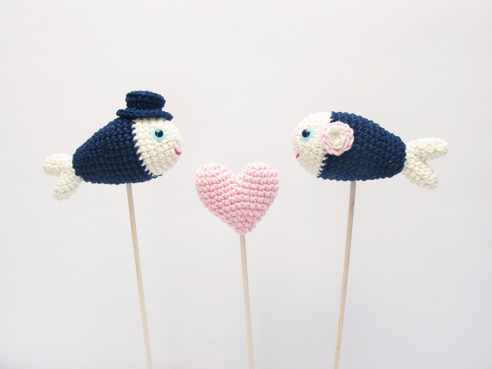 Wedding Nautical Cake Topper Crochet Navy Fish Valentine Gift Idea Something