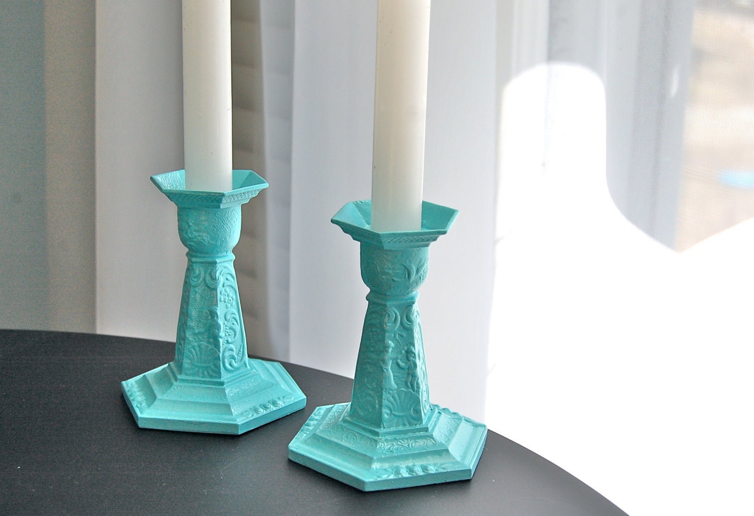 Set of 2 taper candle stick holders, teal Candles, Candlestick