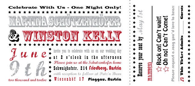 Reserved for Winston Printable Concert Ticket Wedding Invitation Bilingual
