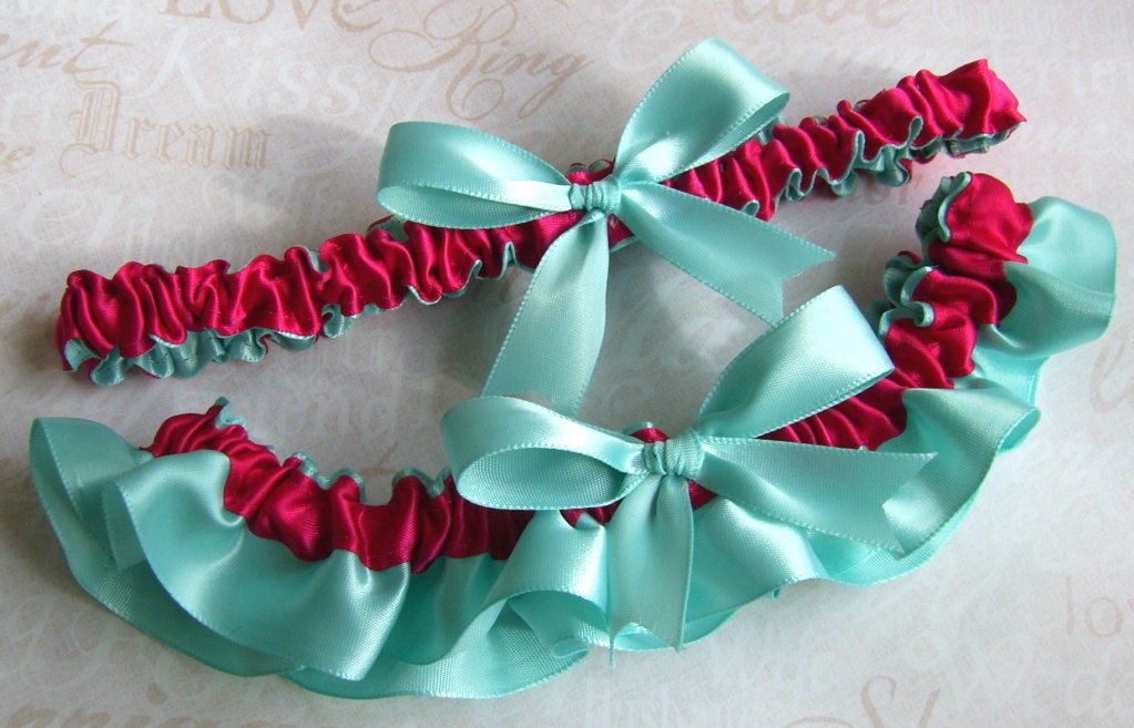 Pool aqua and Raspberry Wedding Colors Bridal Keepsake and Toss Garter Set 