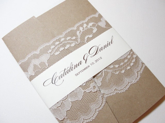 Vintage Rustic Lace Wrapped Wedding Reception Invitations Lace Wedding 
