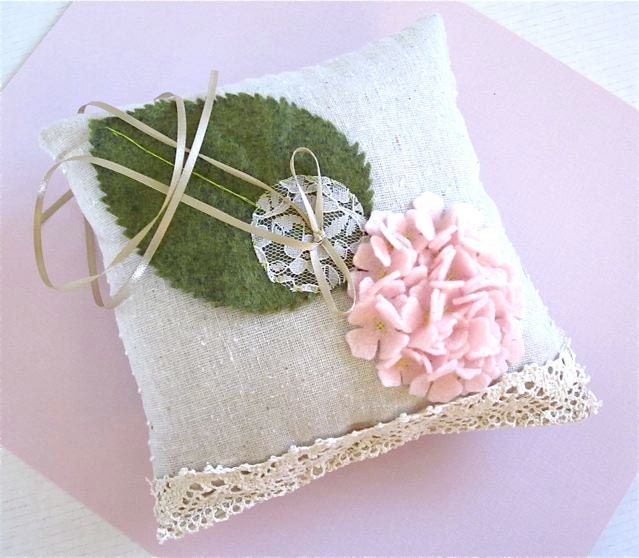 Hydrangea Rustic ring bearer pillow Pink and Green Flower Ring pillow