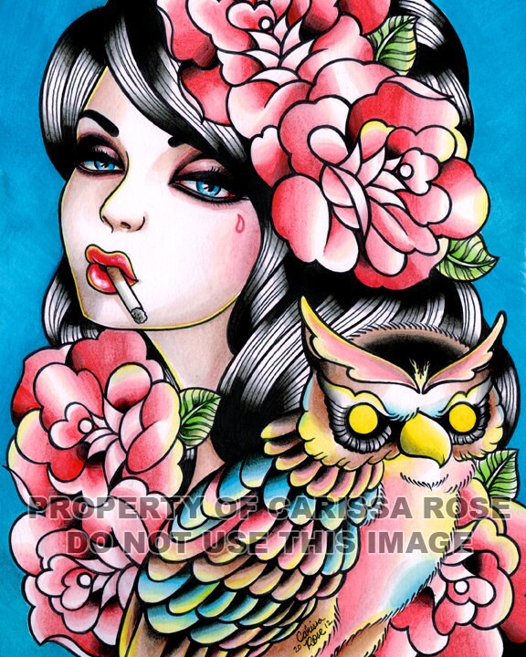 Owl Tattoo Flash Portrait Taken For Granted Art Print By Carissa Rose 8x10