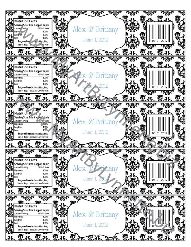 Damask Wedding or Bridal Shower Water Bottle Labels DIY printable pdf file