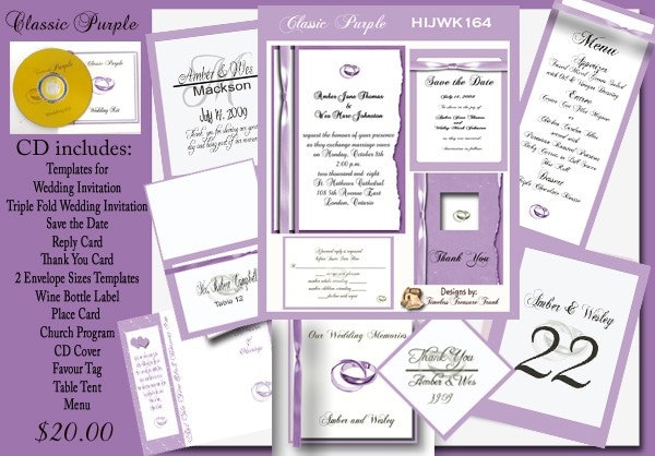Delux Purple Wedding Invitation Kit on CD