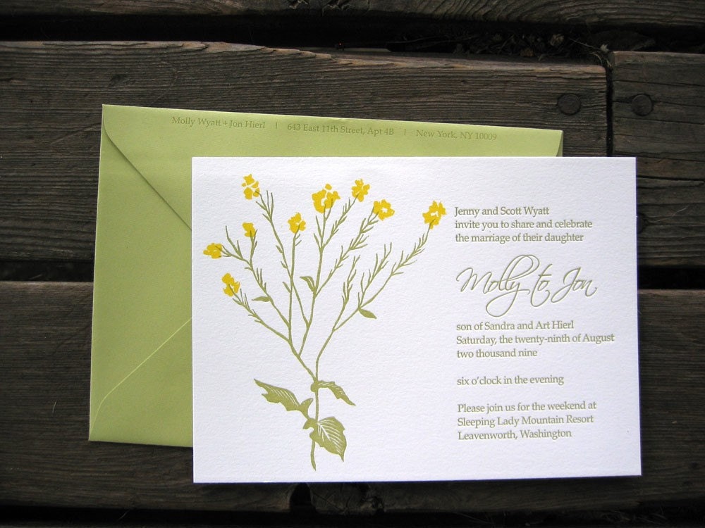 Custom Letterpressed Wedding Invitations Wild Mustard Flower