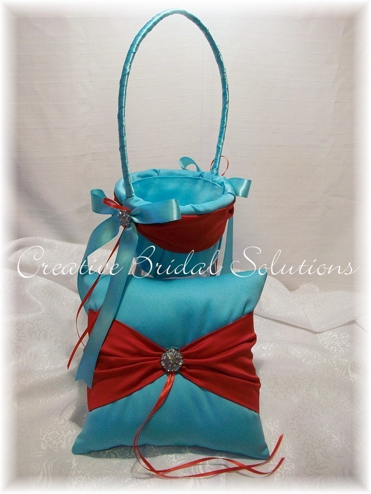 Aqua with Red Wedding Ring Bearer Pillow and Flower Girl Basket