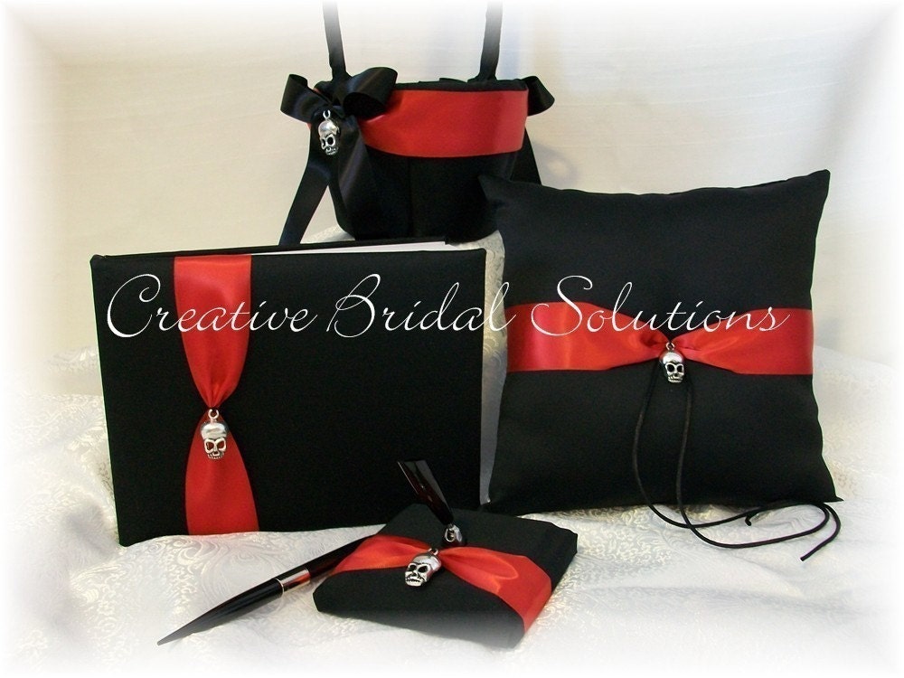 Black and Red Gothic Wedding Ring Pillow Flower Girl Basket Guest Book and