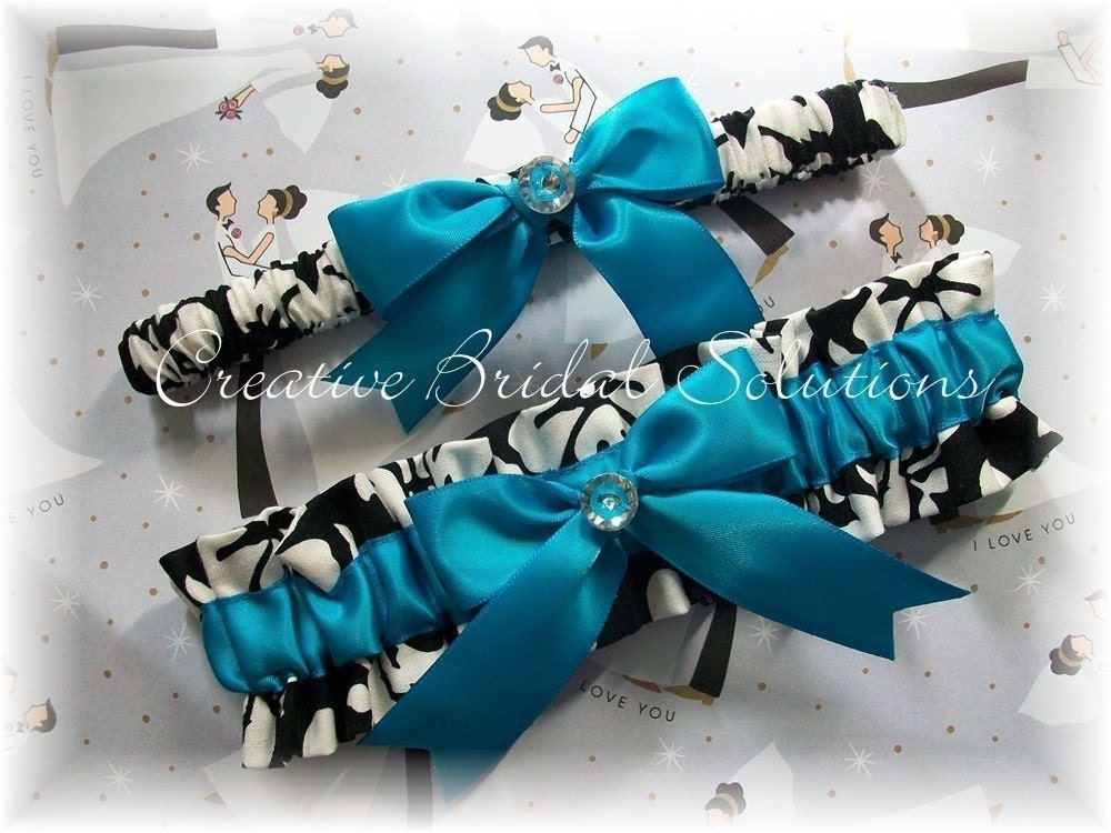 Black and White Damask with Turquoise Wedding Bridal Garter Set