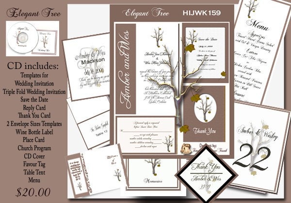 Delux Elegant Fall Tree Wedding Invitation Kit on CD