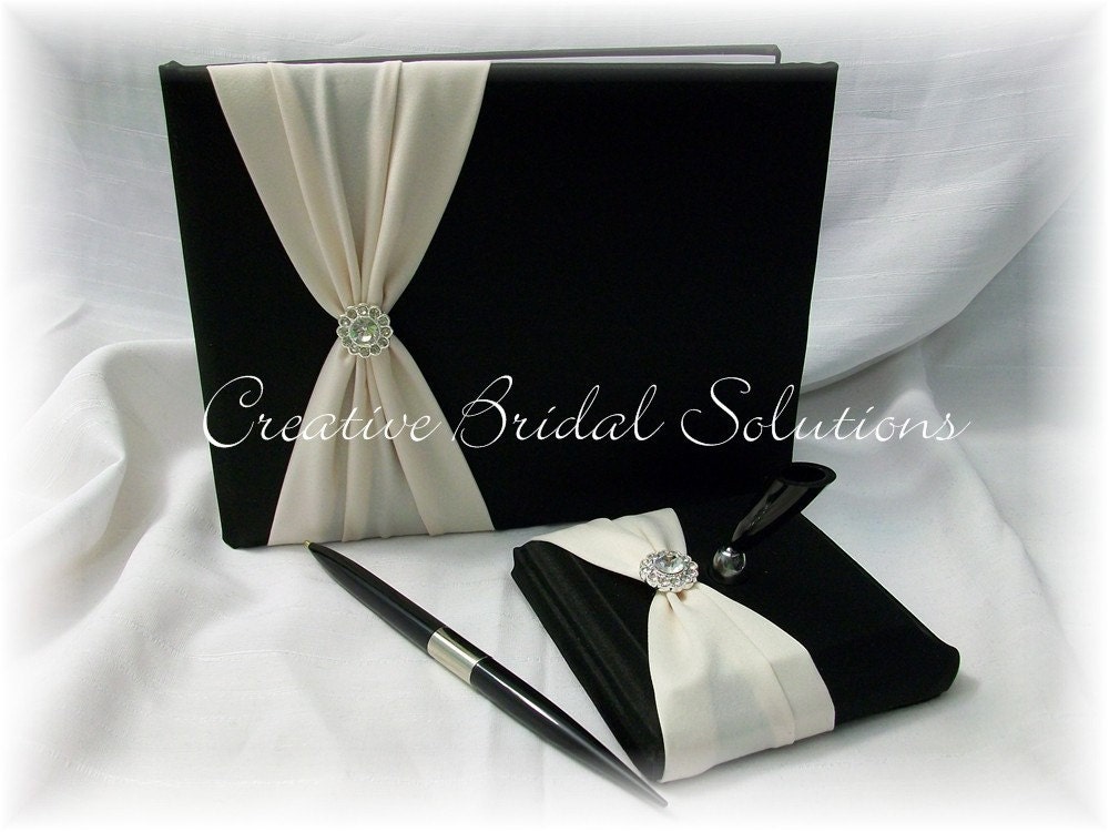 Black and Champagne Satin Wedding Bridal Guest Book and Guest Pen