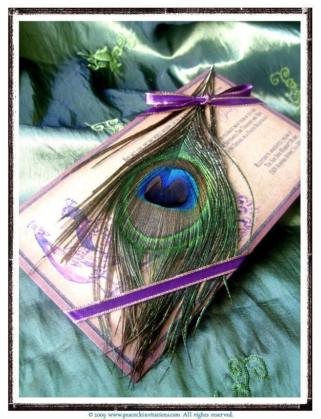MERCEDES Vintage Peacock Themed Eco Friendly Wedding Invitations in Violet