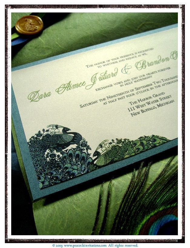 ZARA Lovebirds Peacock Themed Wedding Invitations in Jade Teal and Olive