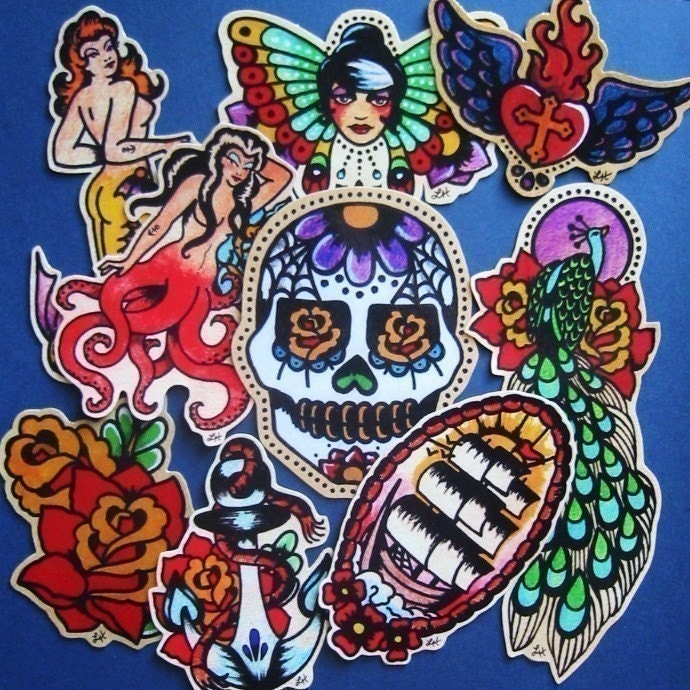 Traditional TATTOO FLASH MAGNETS Choose Your Own 3 From illustratedink