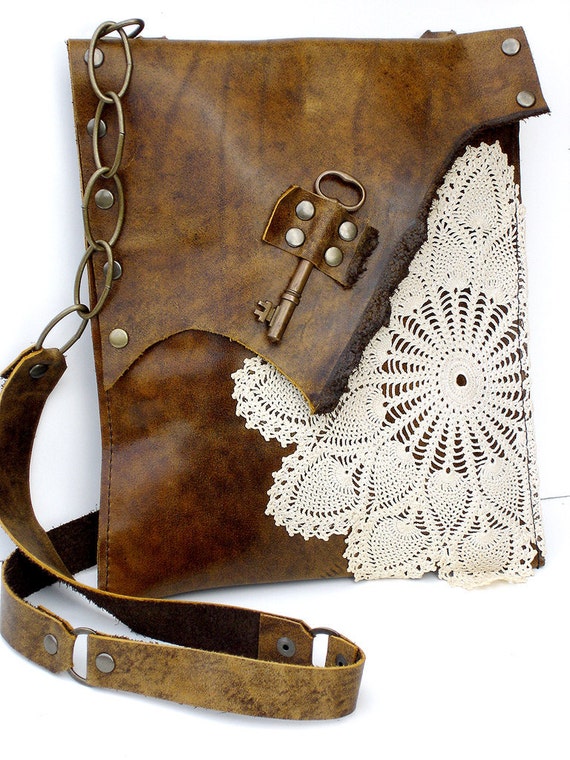 Boho Leather Messenger Bag with Crochet Doily and Antique Key - Medium - Made To Order