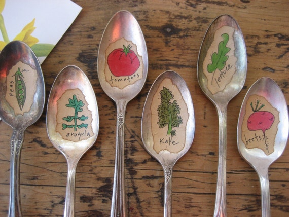 vintage spoon vegetable garden markers with hand painted pictures